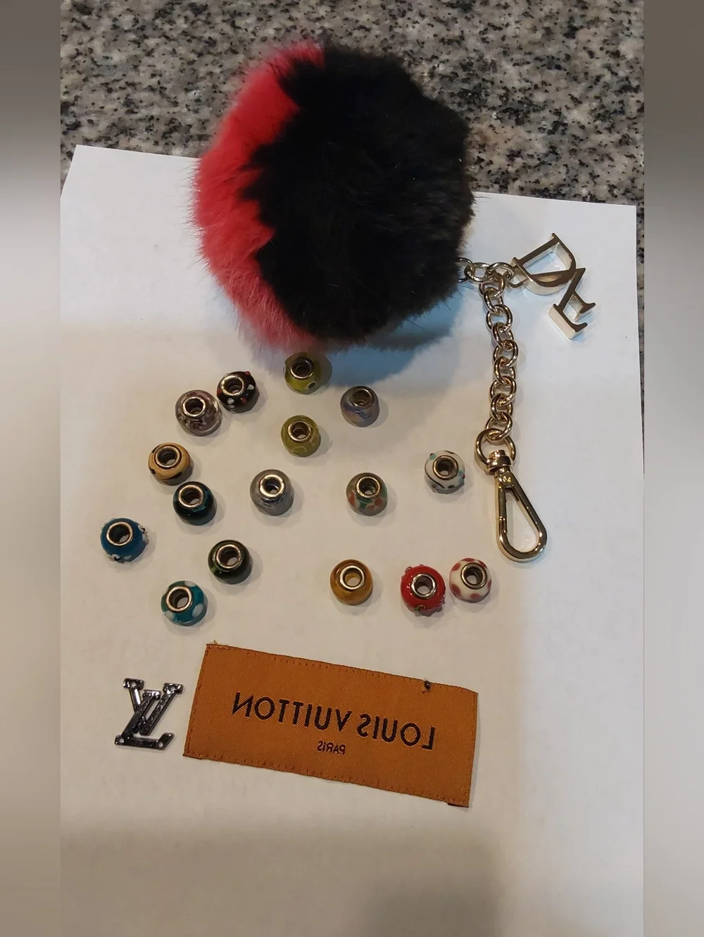 Louis Vuitton & DVF Red and Black Fur Pom‎ Pom Key Charm with Gold Hardware